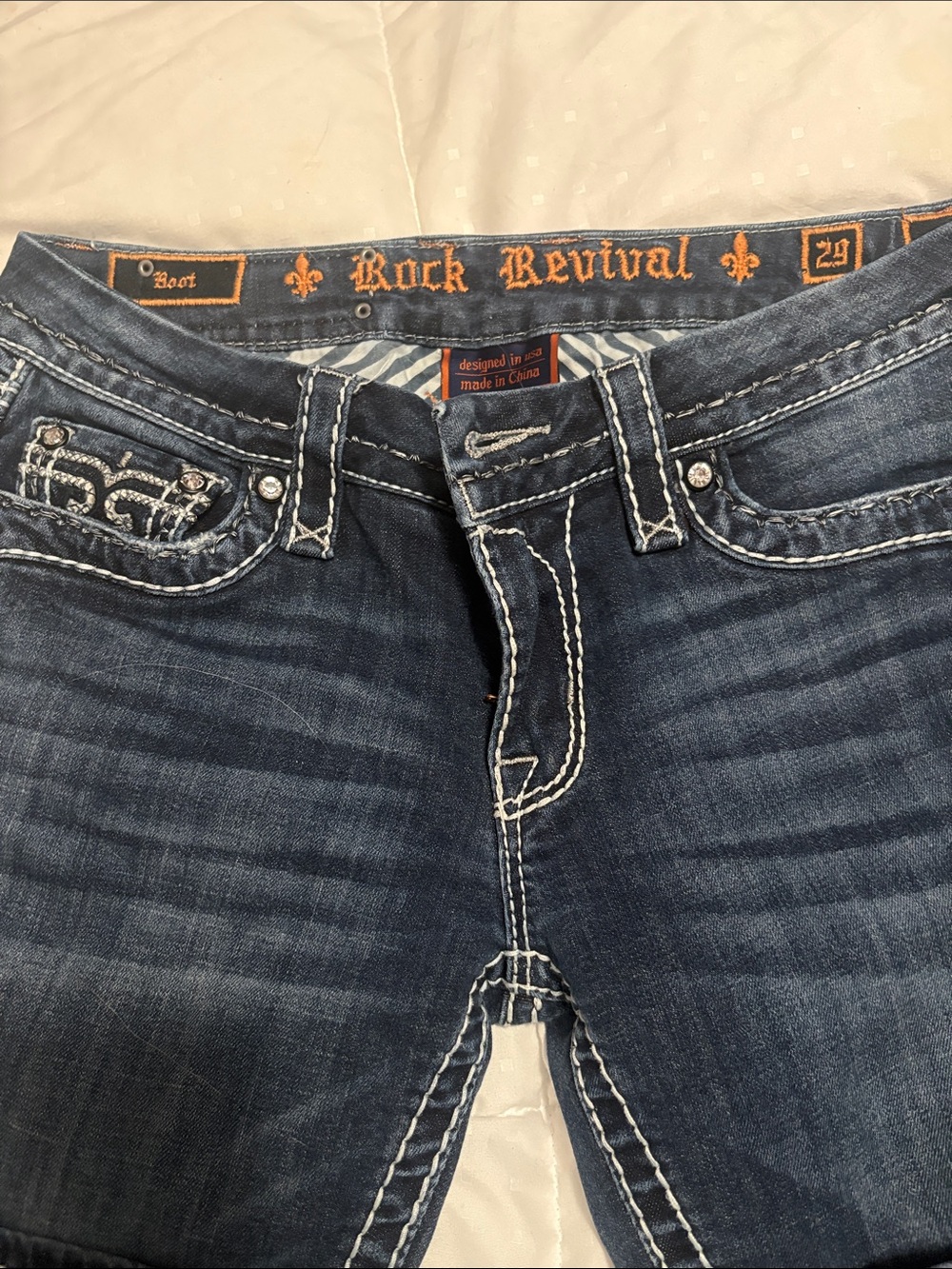 Rock Revival Blue Denim Jeans with White Contrast Stitching